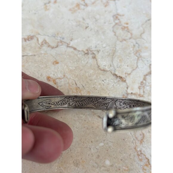 Tibetan-Inspired Silver Cuff Bracelet With Red Gemstones & Engraved Mantra Desig - Picture 5 of 8